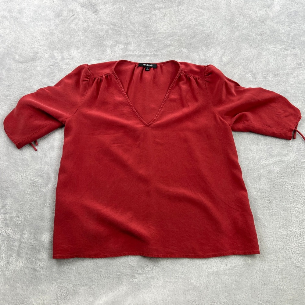 Madewell 100% Silk V-Neck Blouse S Red Women Cinched Puff Sleeve Tie Top